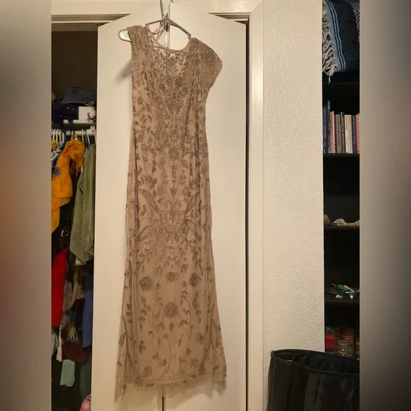 tan beaded dress TAN/BRONZE BEADED LONG DRESS – Savvy Seconds Boutique main image 0